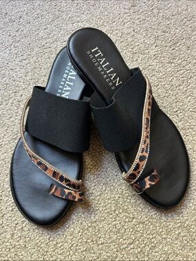Italian Shoemakers Black Sandals with Leopard-Print Accent
